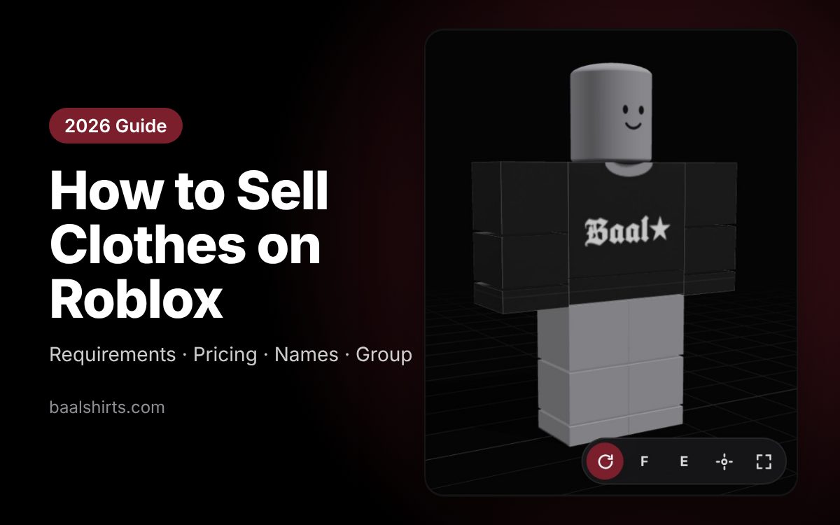 Cover of the guide to selling clothes on Roblox in 2026 with a shirt on a 3D avatar