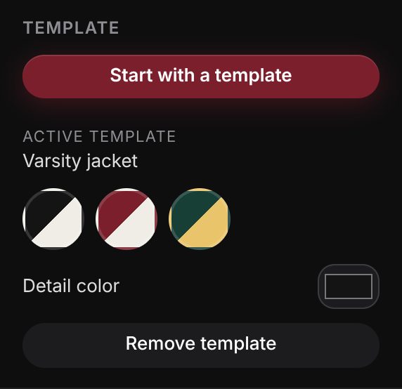 Template section of the shirt maker with the varsity jacket and its color combos