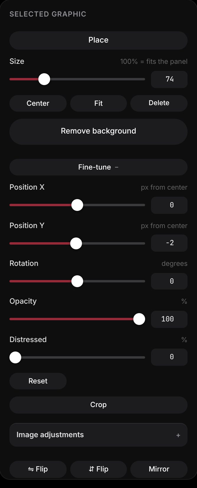 Graphic panel with position, size, rotation and opacity controls