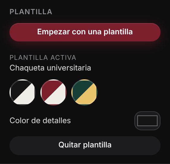 Sección Plantilla del creador con la chaqueta universitaria y sus combinaciones de color